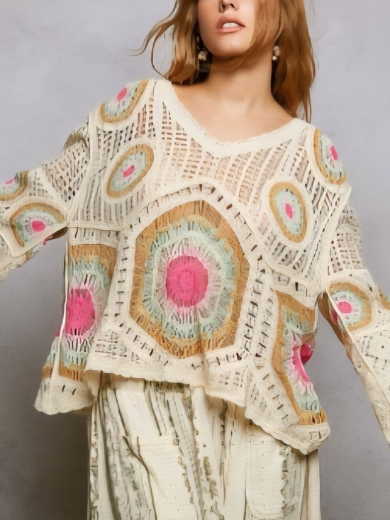 POL Sweaters - POL Cream Crochet Sweater with Pink and Mint Medallions